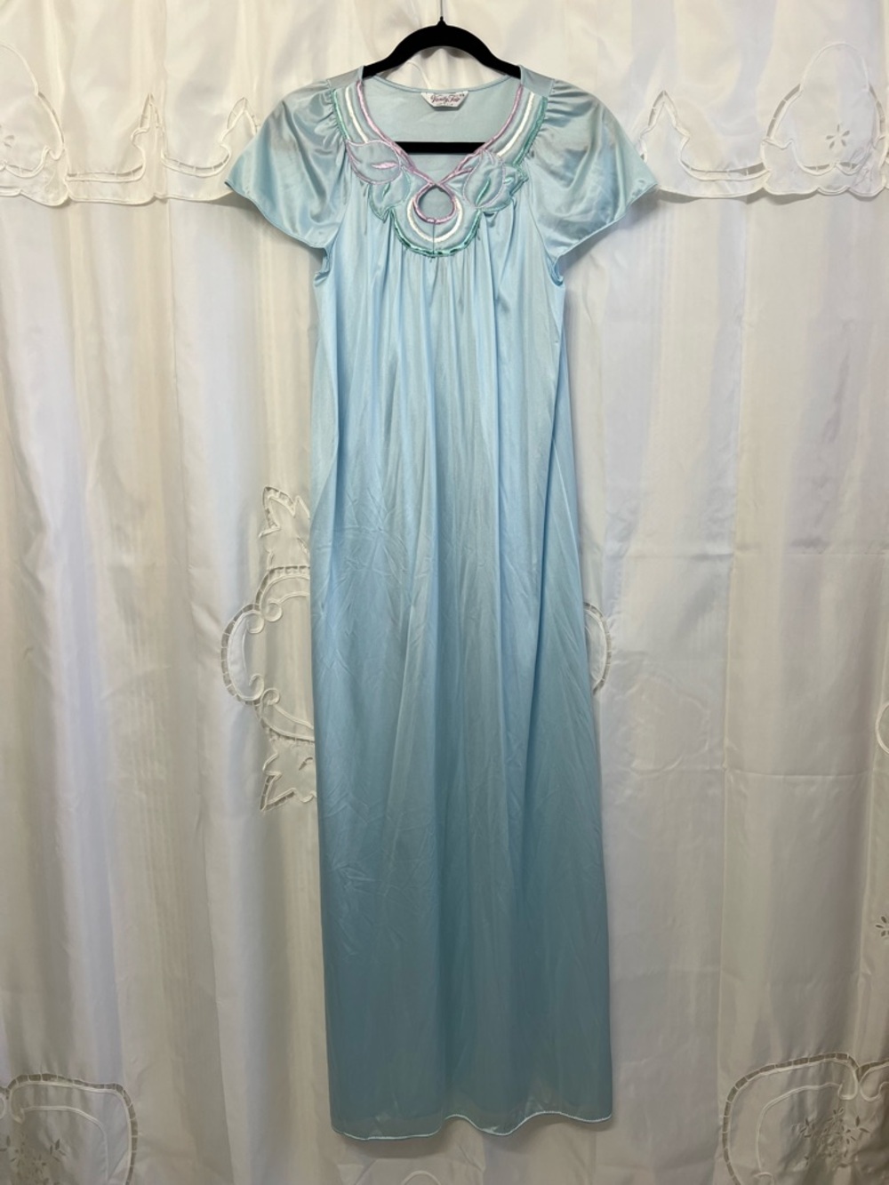 Vintage Vanity Fair Blue Nylon Nightgown Floral Appliqué Maxi Sleep Gown USA XS